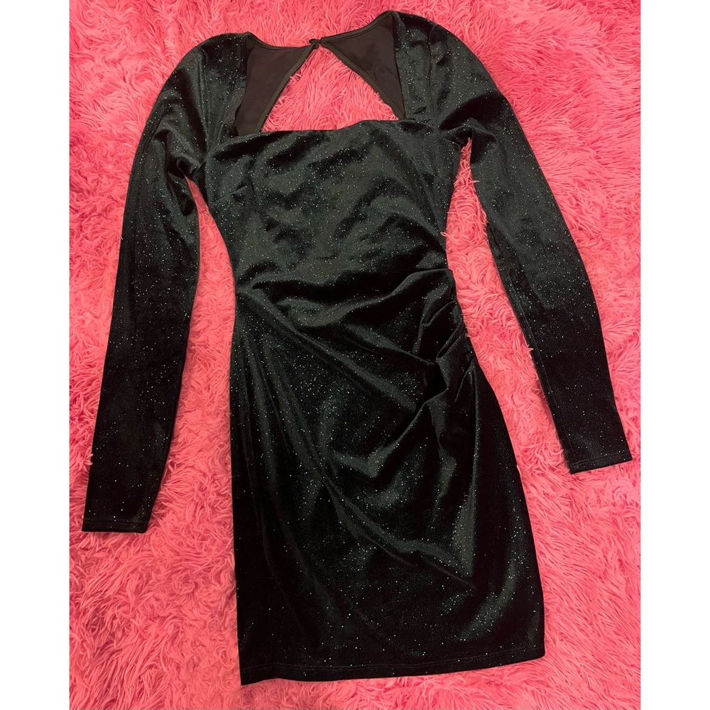 Womens Long Sleeve Green Sparkle Glitter Open Back Party Mini Dress Size S Small